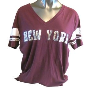 Victoria's Secret PINK Dark Orchid Silver Sequins New York Perfect V Neck Tee M